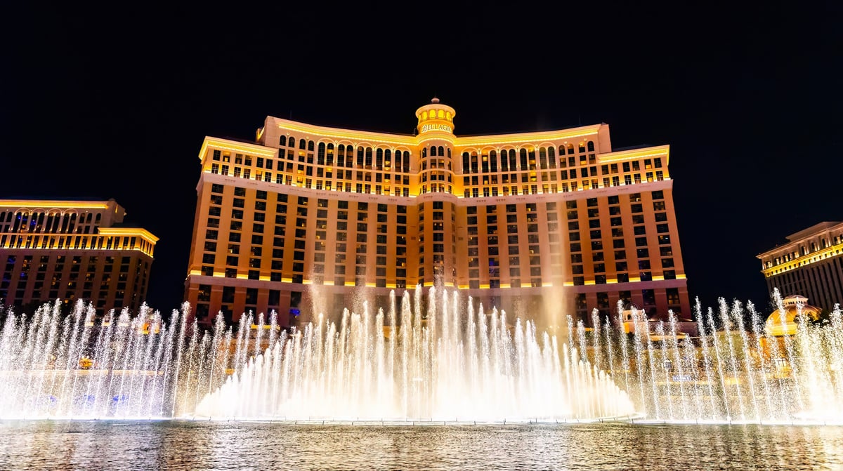 Fountains of Bellagio performance at night with Las Vegas Strip illuminated