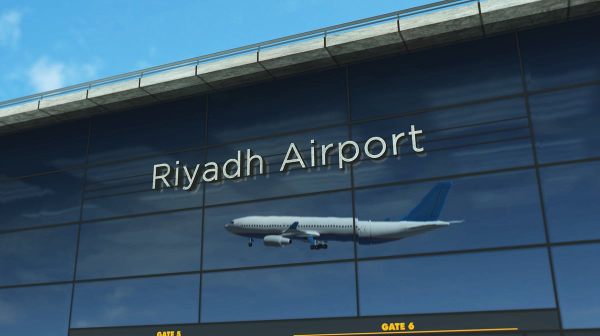 Riyadh airplane landing. Jet plane airliner travel to Saudi Arabia and terminal airport arrival.