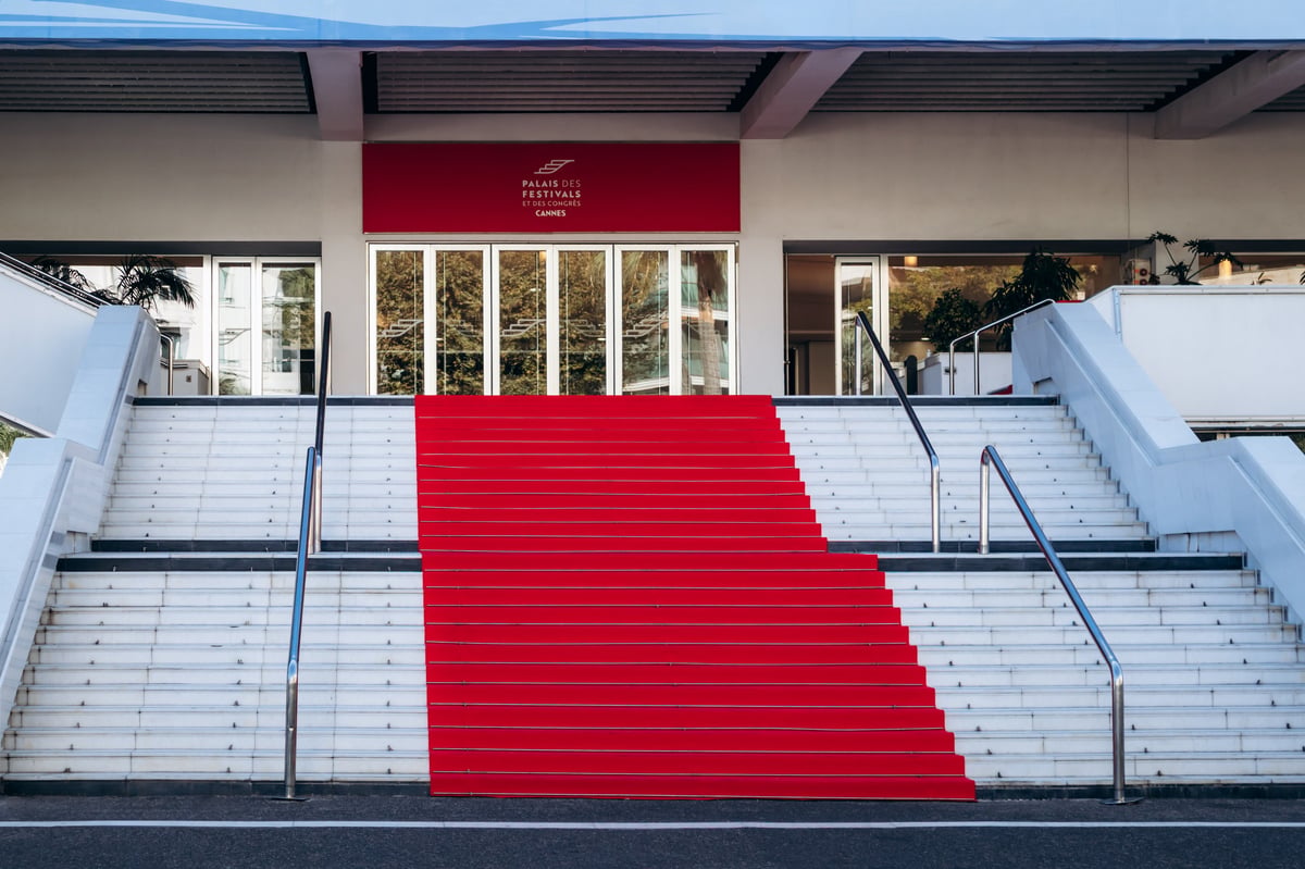 Cannes, France - September 15, 2025: Famous red carpet stairs at the entrance of the Palais des Festivals et des Congres in Cannes, home of the international Cannes Film Festival