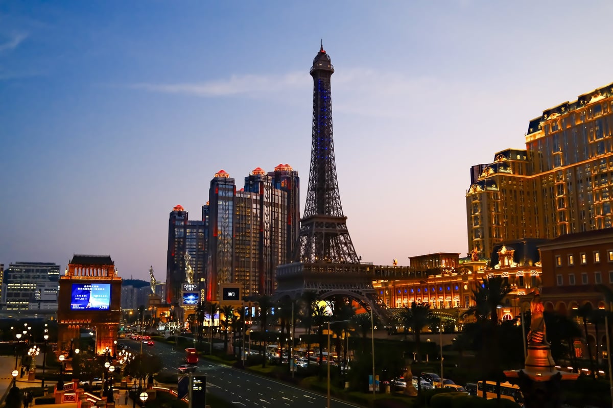 Macau, China, March 12, 2026: Eiffel tower replica in front of the Parisian casino at night