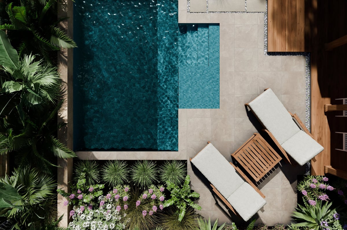 Aerial view of luxury swimming pool design and garden landscaping