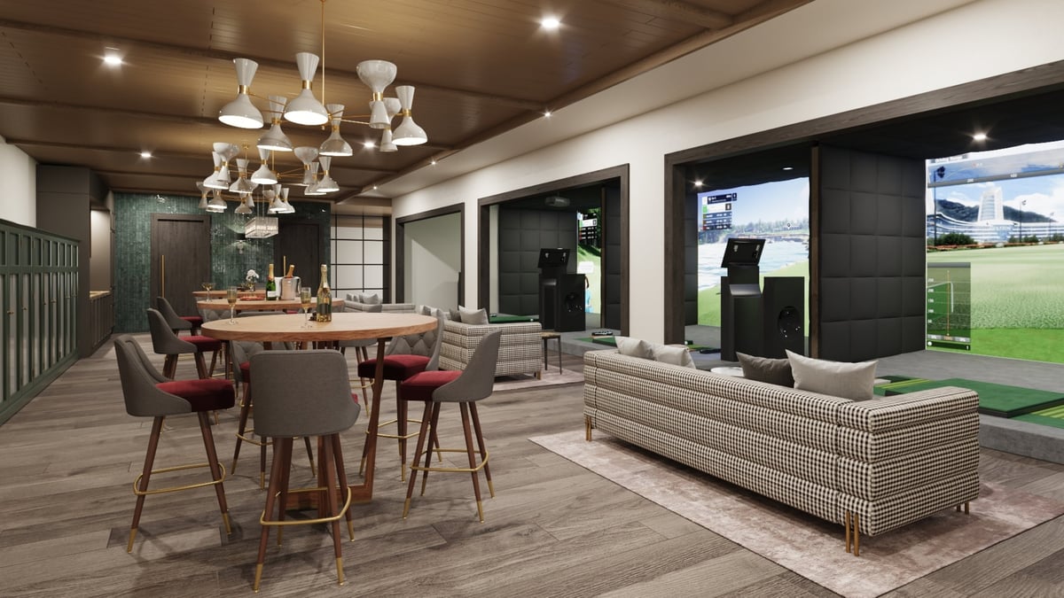 A contemporary lounge featuring a dining table with chairs and a cozy seating area