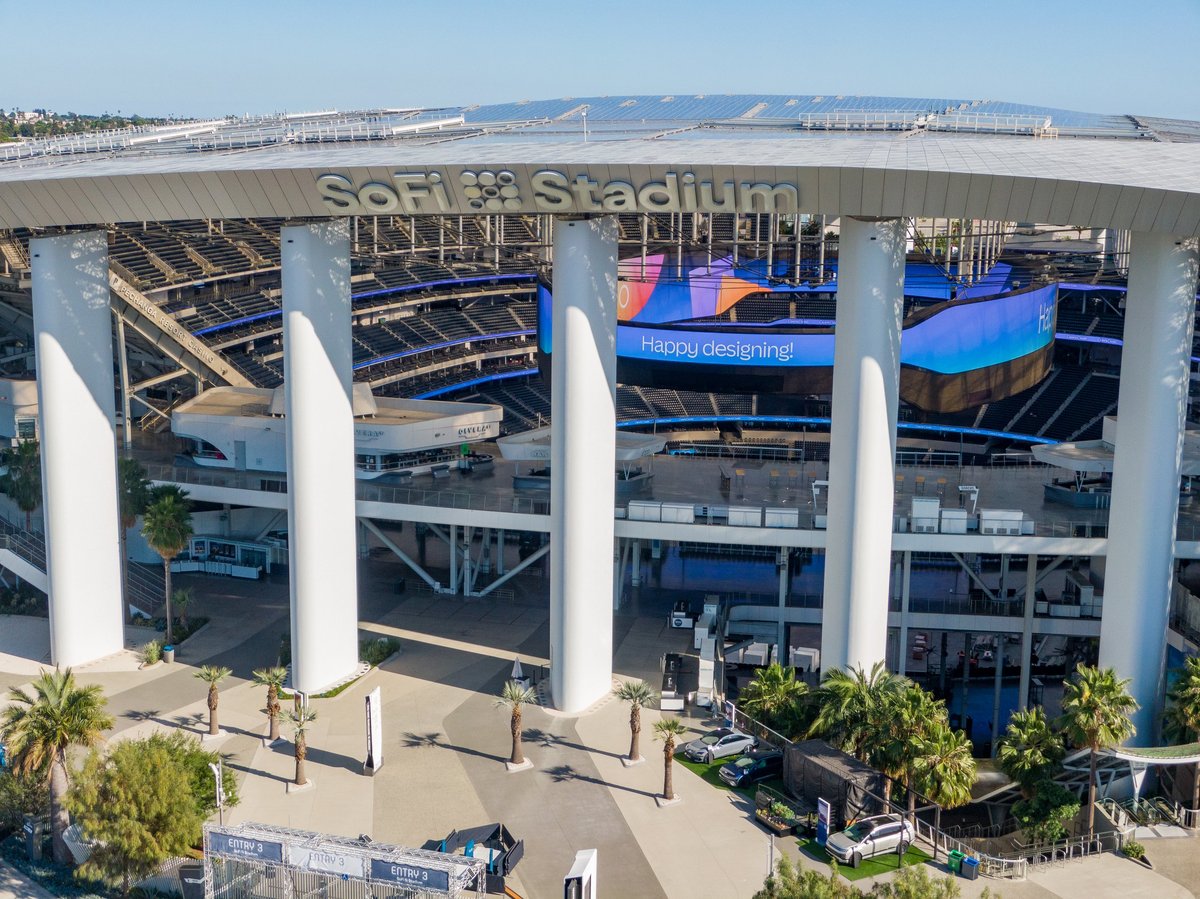 SoFi Stadium aerial view with cutting-edge canopy and digital screen