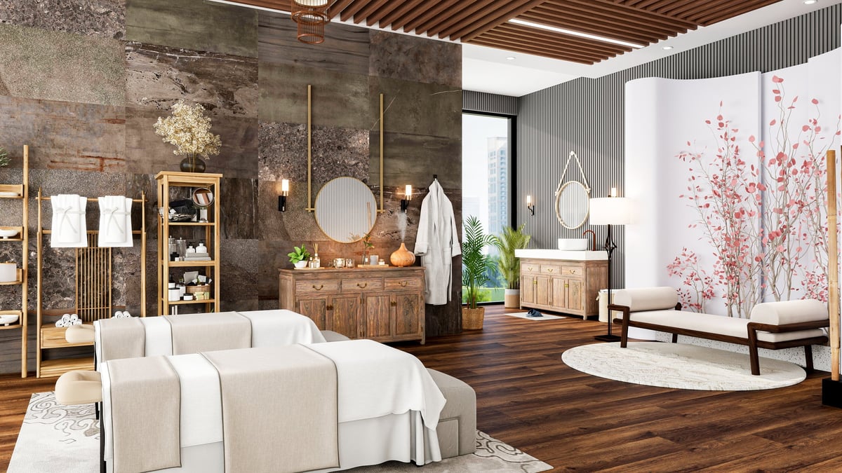 Oriental Luxury Modern Spa Treatment Room Interior with City View