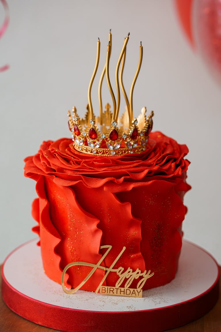 Luxurious celebration dessert featuring royal accessories and festive atmosphere