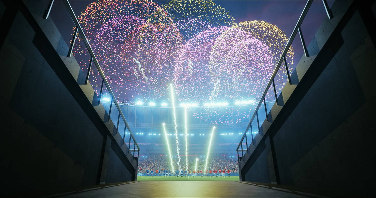 Professional Stadium With Football Game Championship Opening Ceremony with fireworks