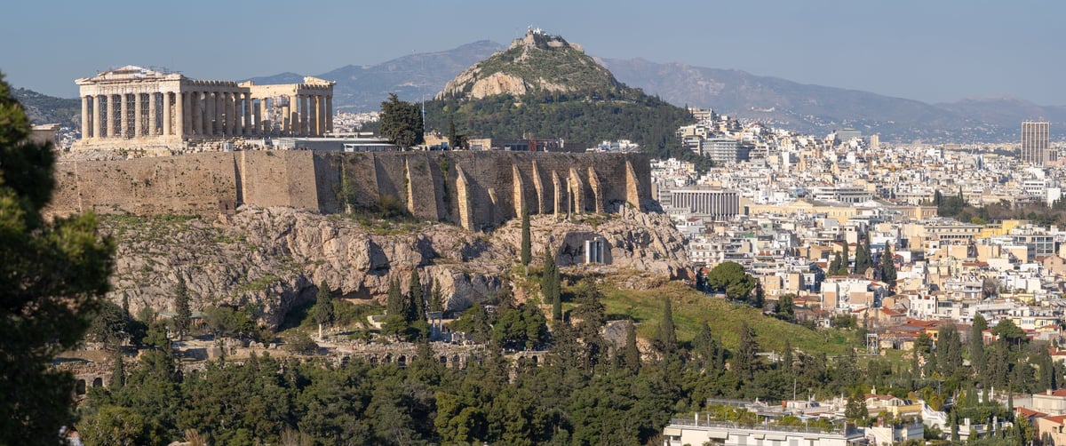 Panoramic view of the Acropolis with the Parthenon overlooking Athens