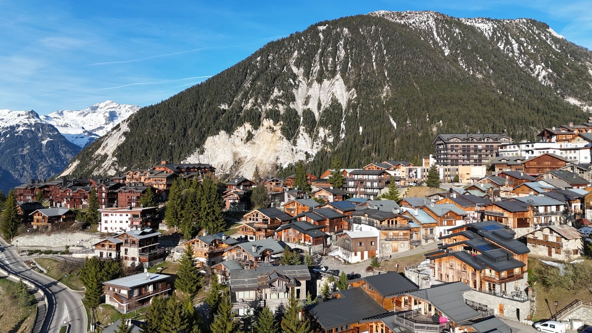 Aerial view of Courchevel Moriond 1650, with chalets and hotels