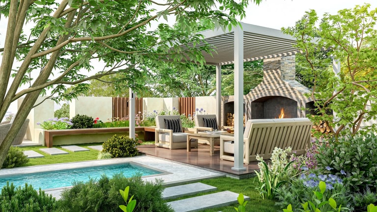 Luxury villa gardens with lake view, Italian landscape