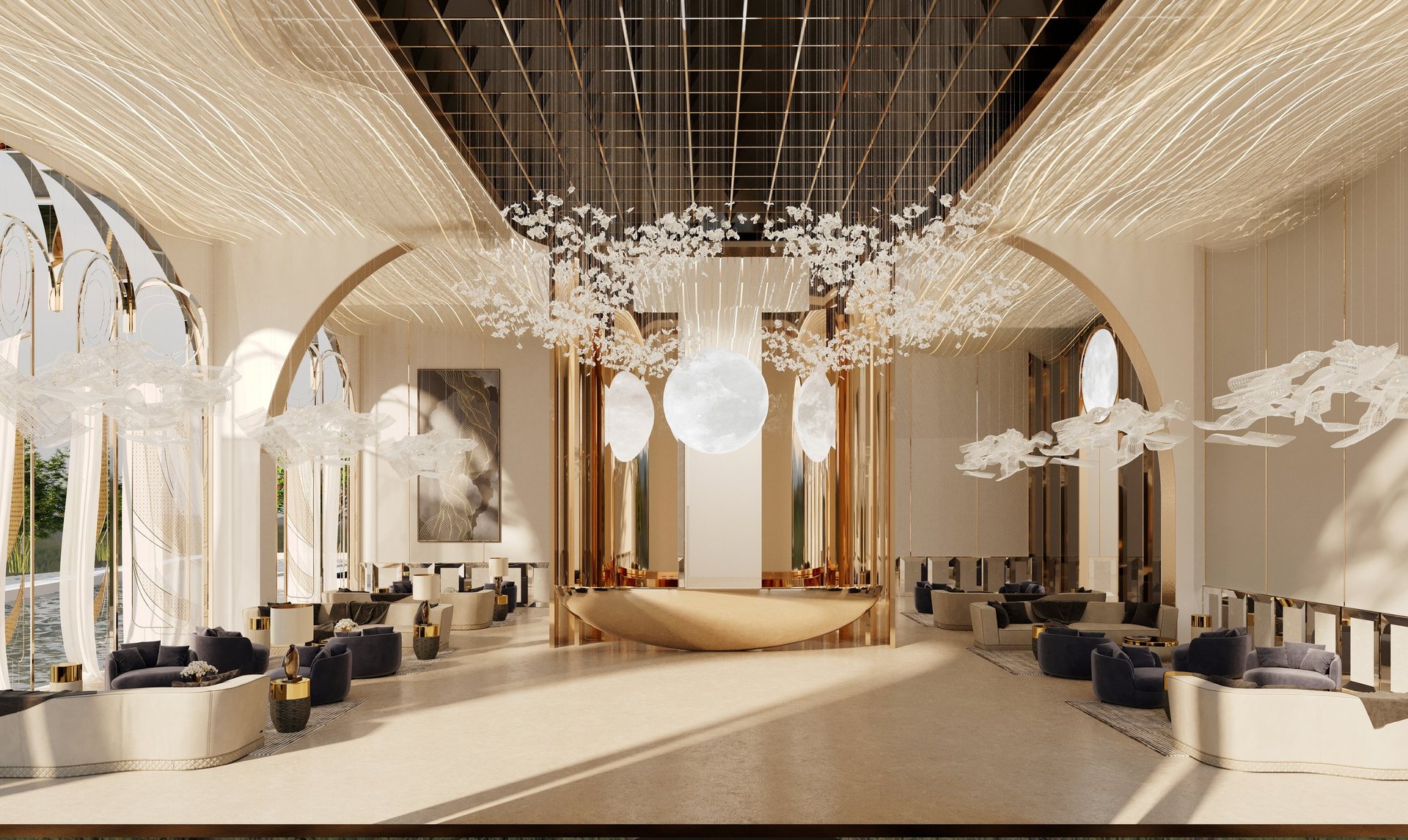 Luxury hotel lobby interior with golden accents and concierge desk