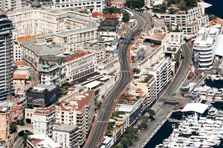 Monaco Grand Prix circuit passing Casino Square and Port Hercules viewed from Tete de Chien in Monaco