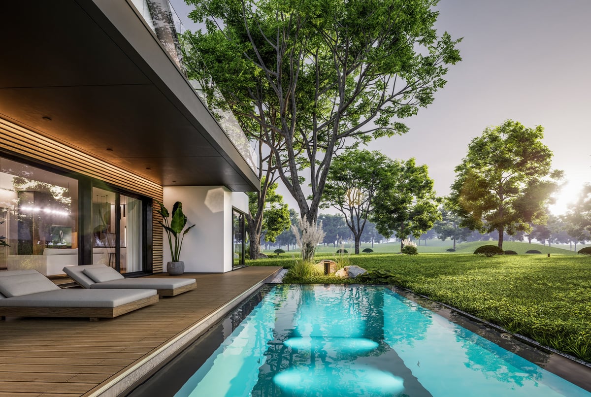 3d rendering of contemporary architectural luxury house exterior with modern Scandinavian style