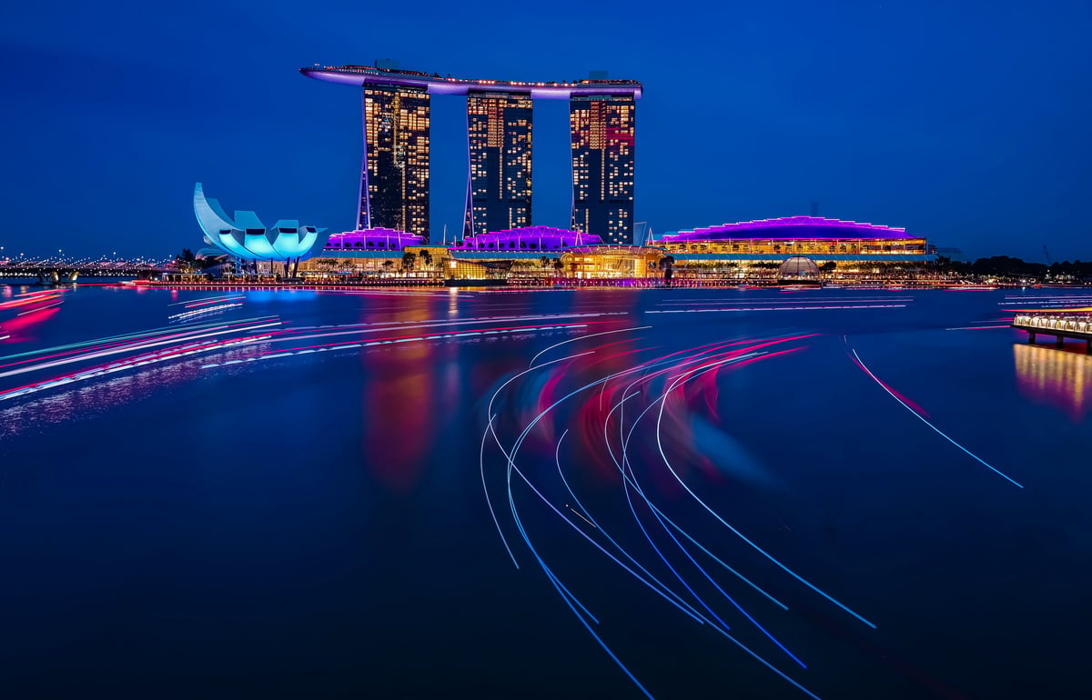 Long exposure photograph of the Marina Bay skyline in Singapore