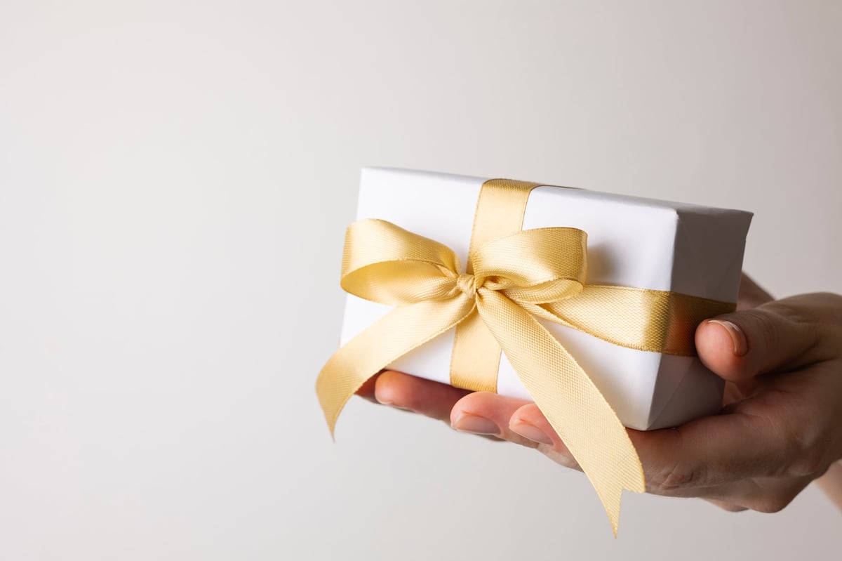 Female hands holding an elegant wrapped gift box with golden ribbon