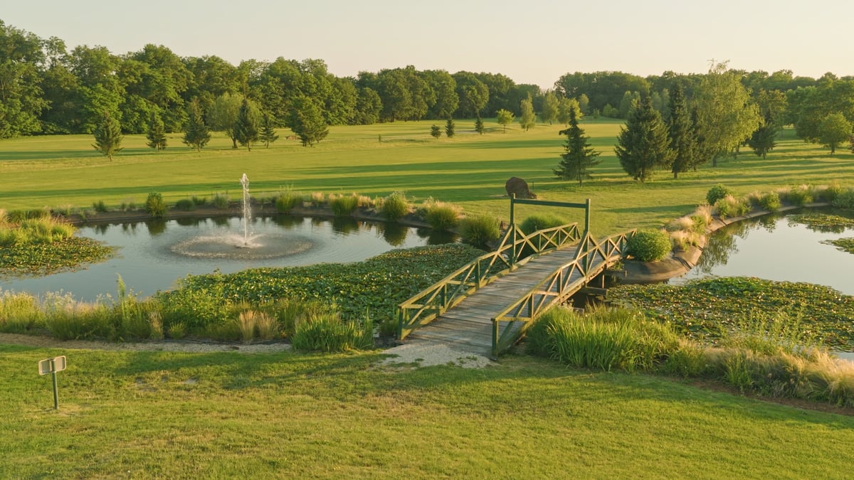 Aerial drone above wooden footbridge crossing tranquil pond on scenic golf course