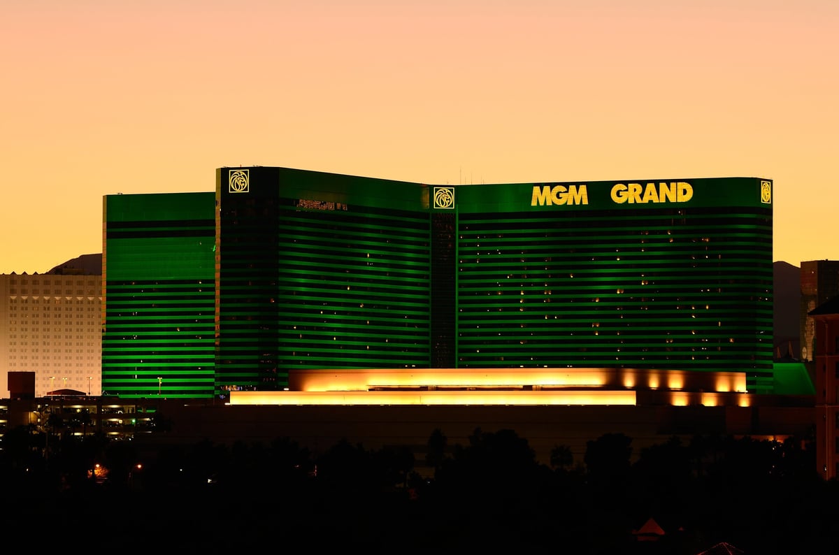 MGM Grand Hotel at night on the Las Vegas strip with illuminated signs