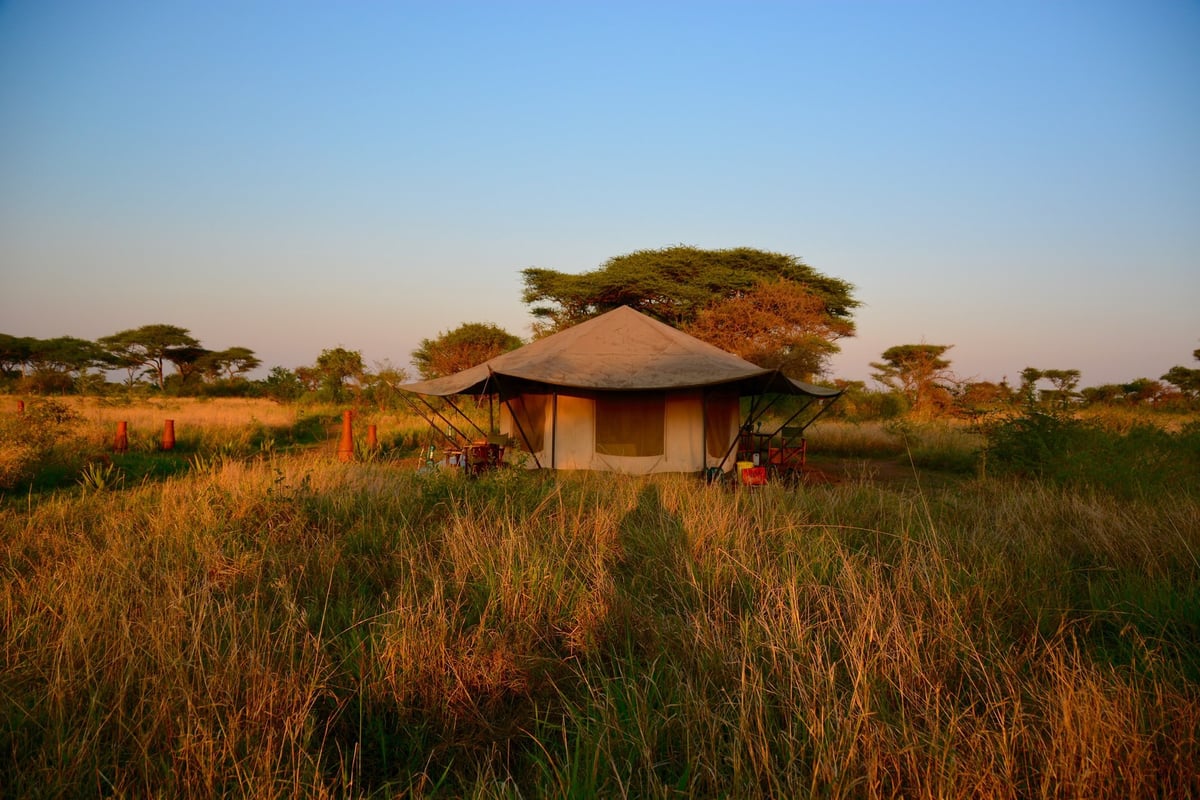 Luxury safari tent in the Serengeti during sunset