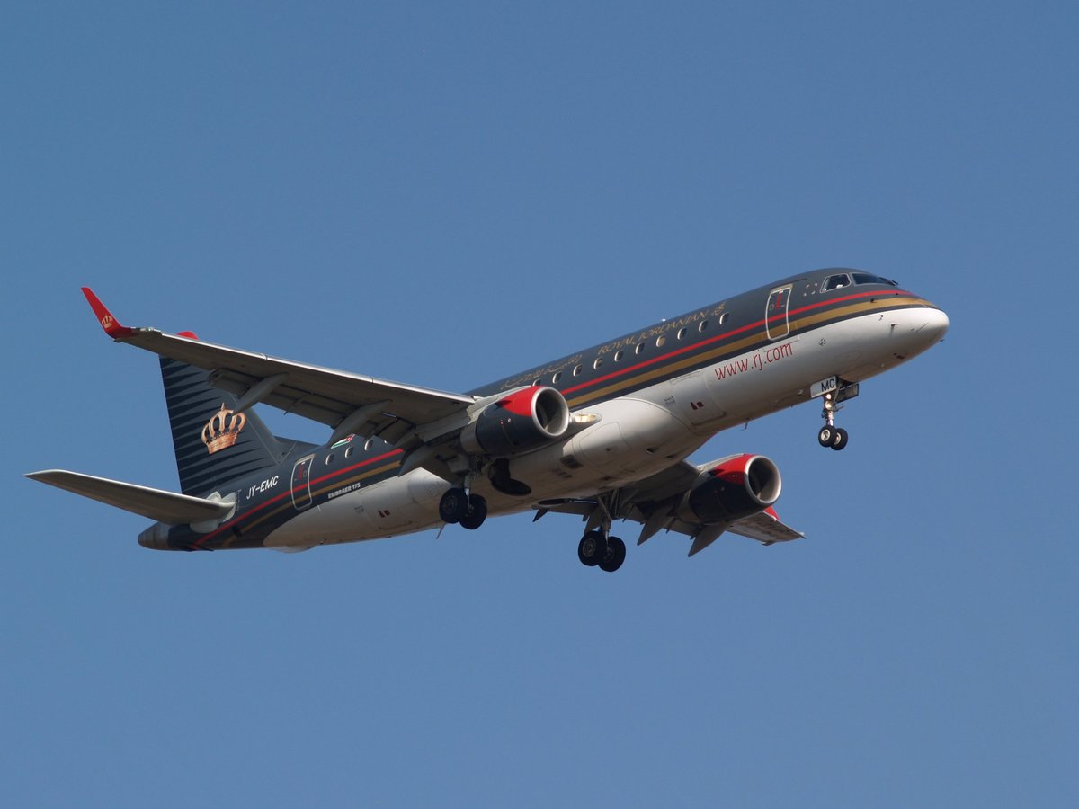 Borispol, Ukraine - March 23, 2014: Royal Jordanian Embraer ERJ-175LR aircraft on final approach to Borispol International Airport