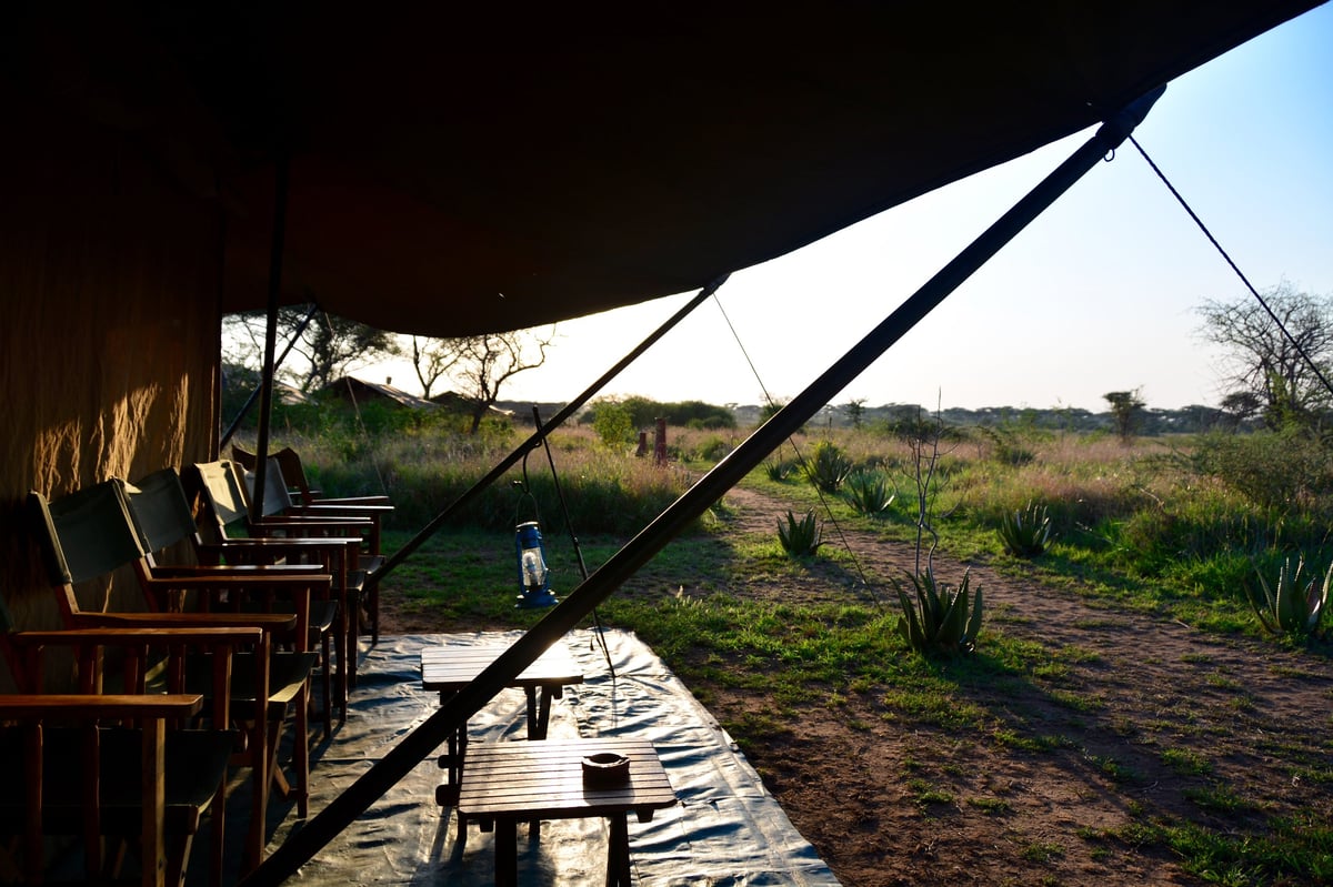 Luxury safari tent in the Serengeti at sunset