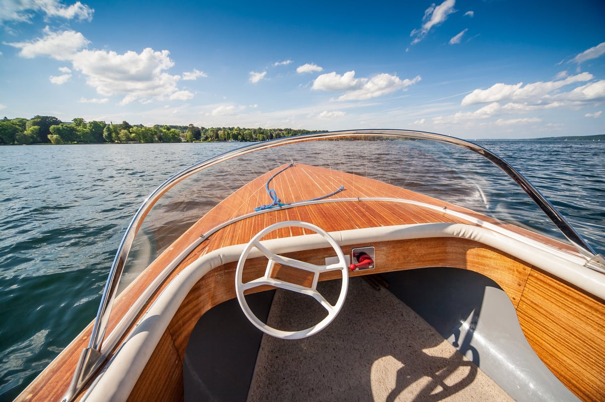 Wide angle view of a classic wooden sport boat on a sunny day