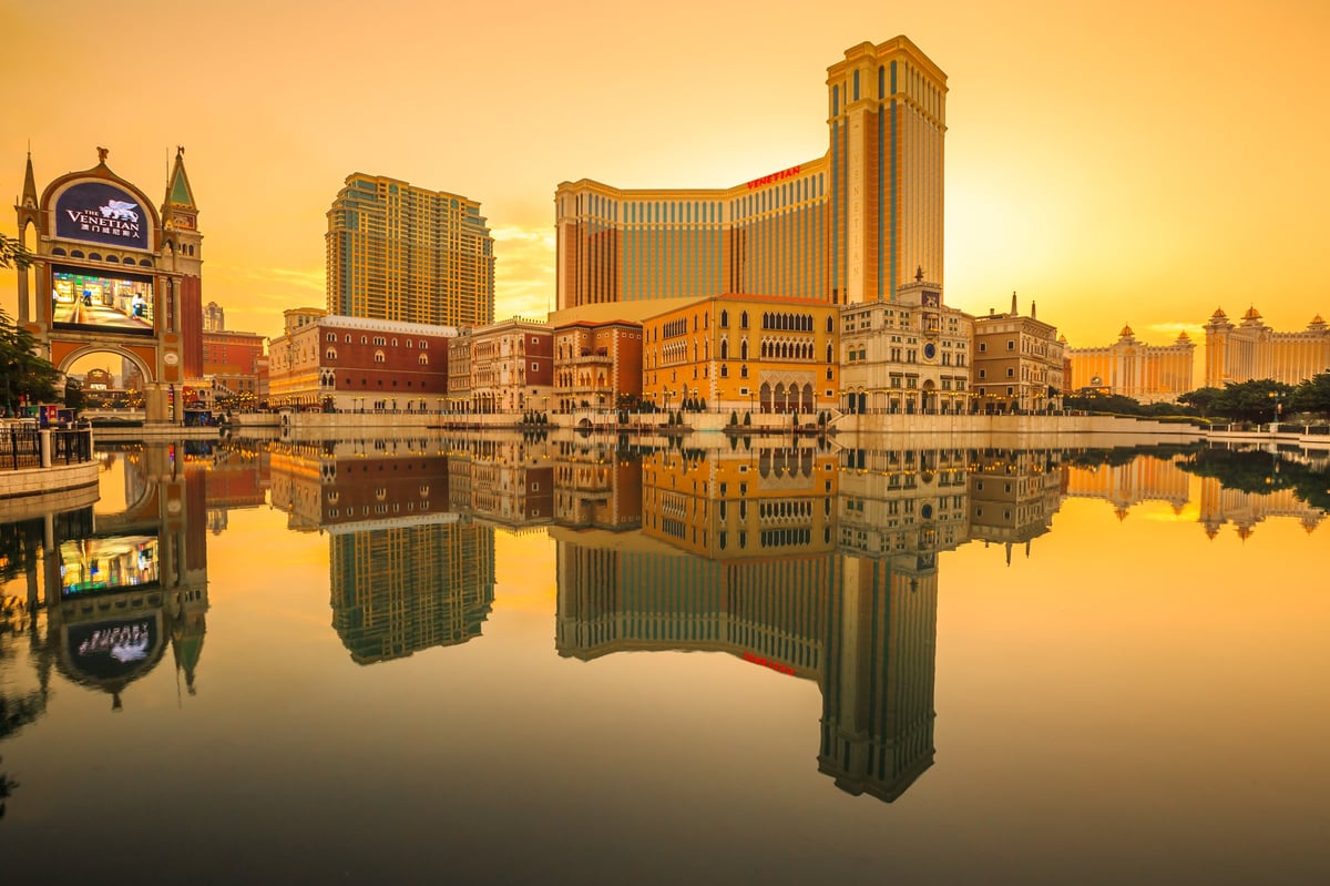 The Venetian Macau mirrored on the lake at sunset, largest casino in the world