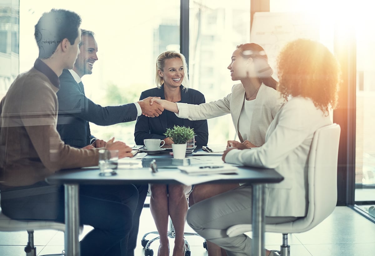 Businesspeople shaking hands during a meeting in an office