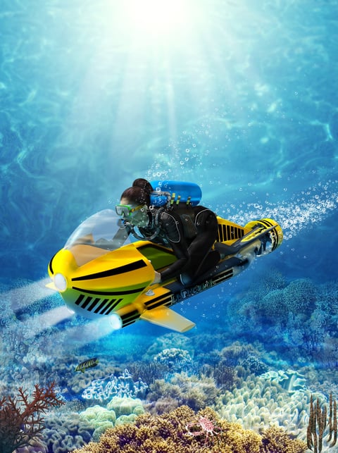 Scuba diver underwater scooter coral reef