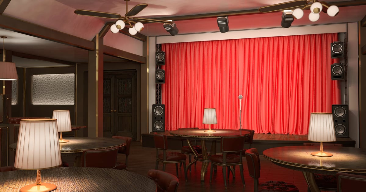 Interior of a restaurant with a stage
