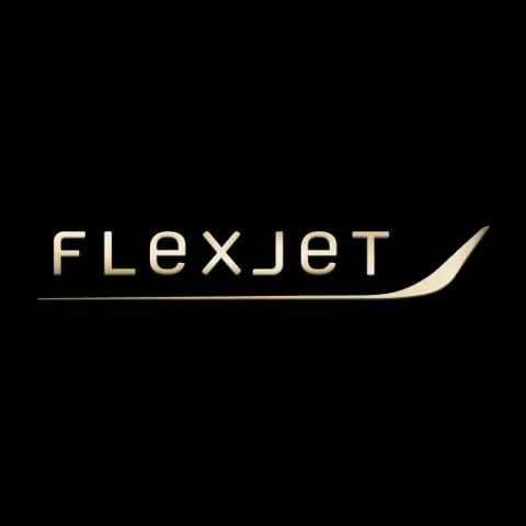 FlexJet logo featuring beige text with a curved swoosh design on black background