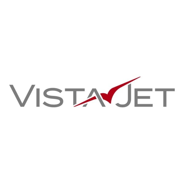 VistaJet logo with gray text and red checkmark symbol