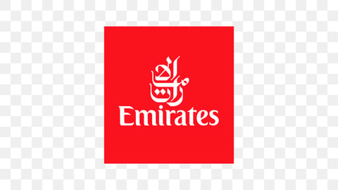 Emirates airline logo in white text on a red square background