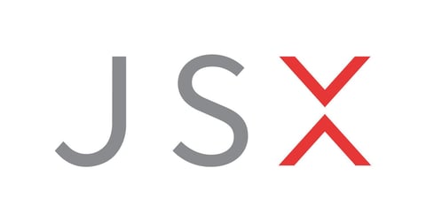 JSX text logo showing the letters J, S, and X with S and J in gray and X in red