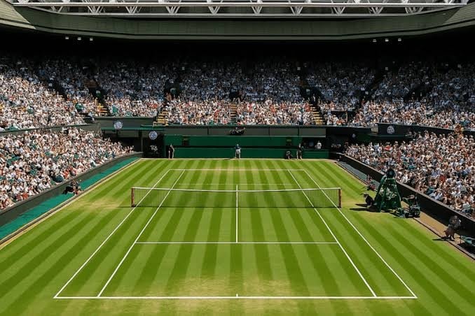 Wimbledon grass tennis court with white line markings, filled stadium stands visible in the background, professional venue setup