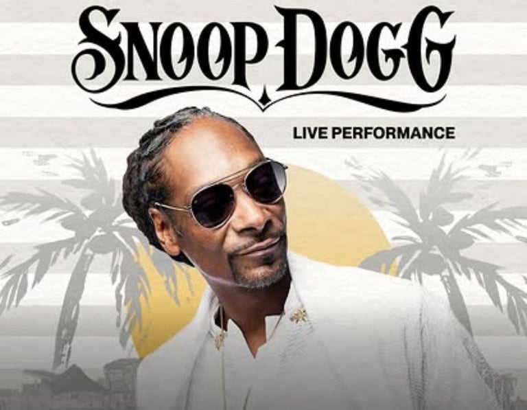 Snoop Dogg Live Performance promotional poster featuring the artist wearing sunglasses and white shirt with palm tree background
