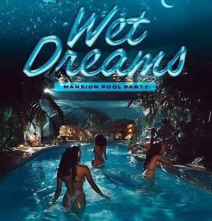 Women swimming in an illuminated blue pool at Wet Dreams Mansion Pool Party