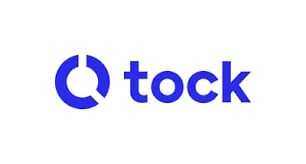 Stock logo featuring a blue circular design with white segments next to the word tock in lowercase letters