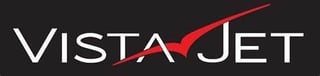 VistaJet logo featuring white text with red stylized checkmark design on dark background