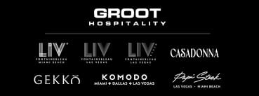 Groot Hospitality logo with subsidiary restaurant brands LIV, GEKKO, KOKU, Casadonna, and Gio Scent displayed below