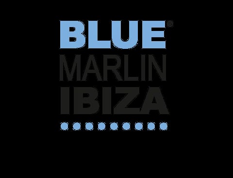 Blue Marlin Ibiza logo with stacked text in blue and dark gray on black background