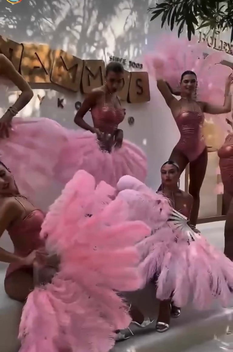 Performers in pink leotards and tulle skirts dancing on stage during a theatrical production or dance show