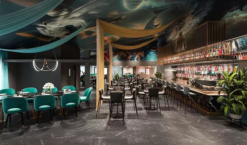 Modern upscale restaurant interior with turquoise seating, bar counter, artistic ceiling, and ambient lighting