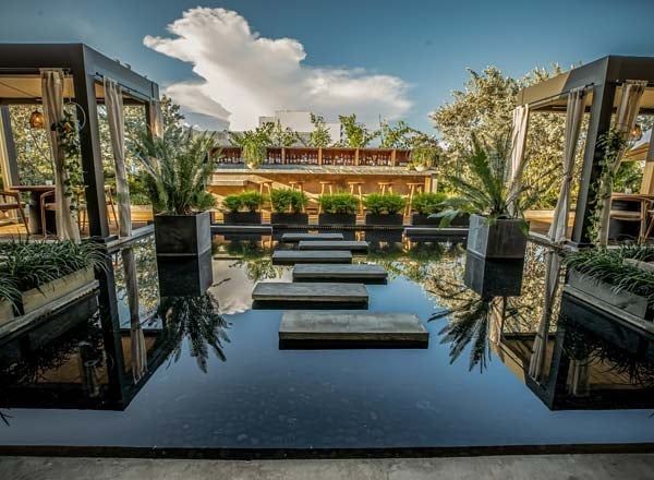 Modern courtyard with reflecting pool, symmetrical dark doors, green plants, and wooden bridge under blue sky with clouds