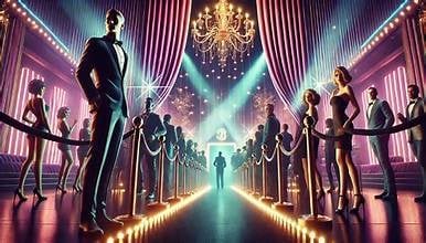 Futuristic illustration of a man walking through a neon-lit corridor lined with standing figures and a glowing chandelier overhead