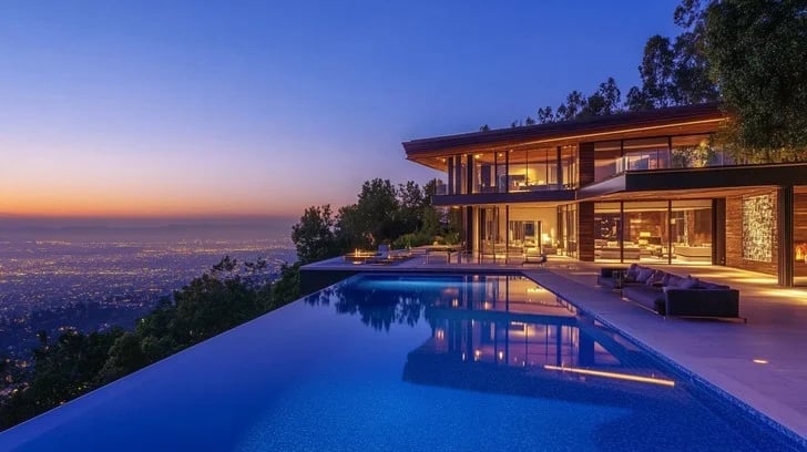 Modern hilltop home with illuminated windows and infinity pool overlooking a city at dusk