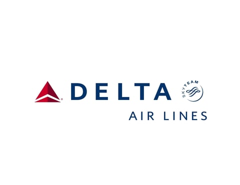 Delta Air Lines logo featuring red triangle and blue text with globe icon