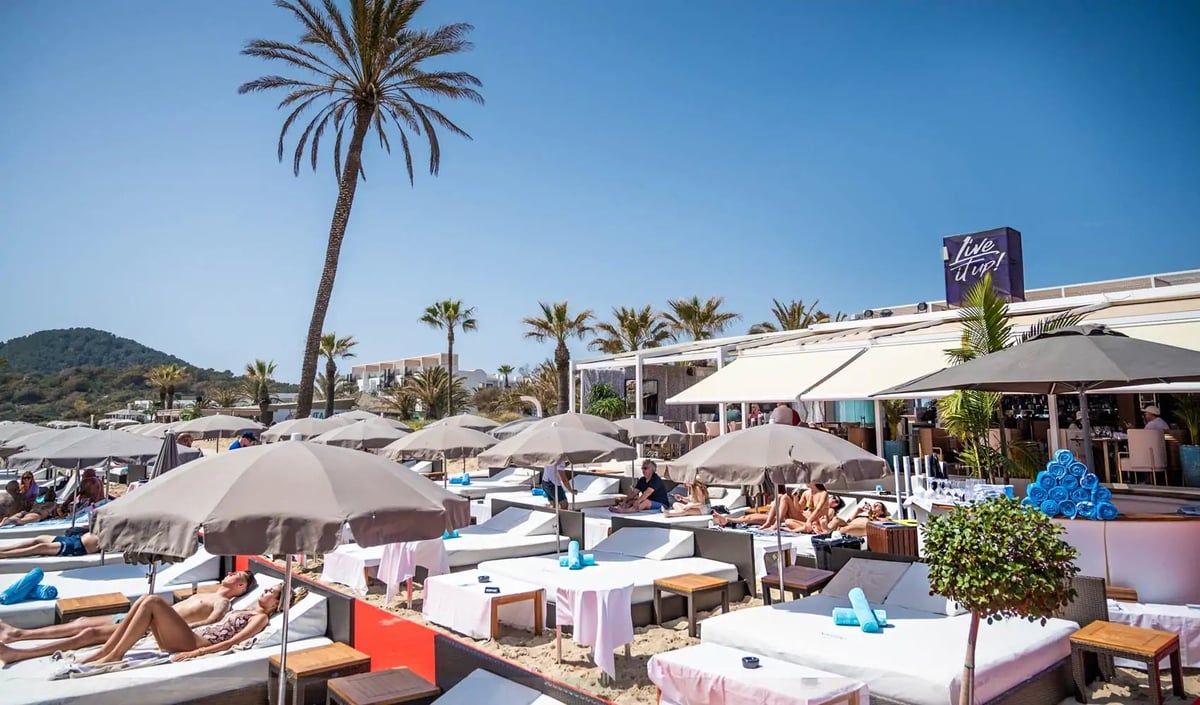 Upscale beach club with lounge chairs, white umbrellas, pink day beds, palm trees, and mountains under clear blue sky