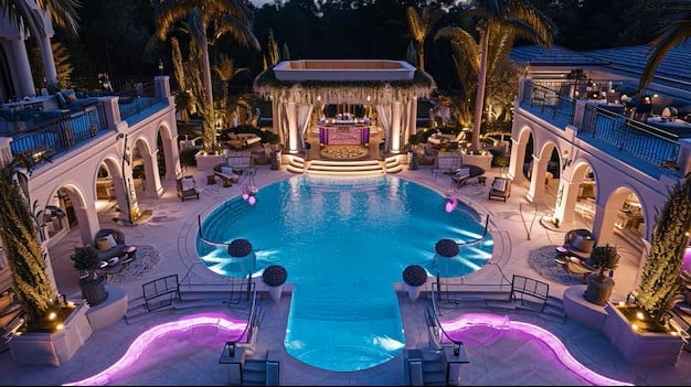 Luxurious resort pool at night with illuminated architecture, palm trees, and glowing pink lounging areas reflected in bright blue water