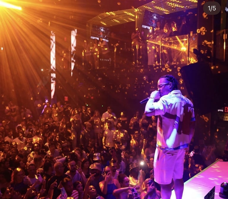 Performer on stage in purple lighting addressing a large crowd at a nightclub or concert venue