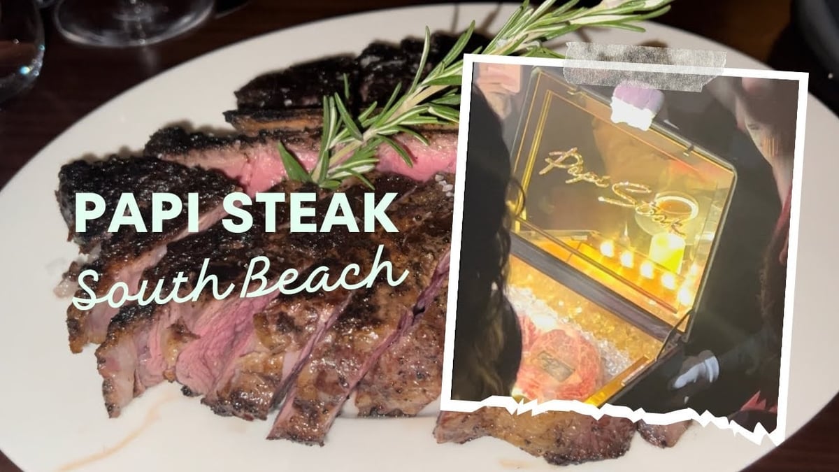 Papi Steak South Beach restaurant image showing sliced medium-rare steak on white plate with rosemary garnish and inset photo of cocktail drink