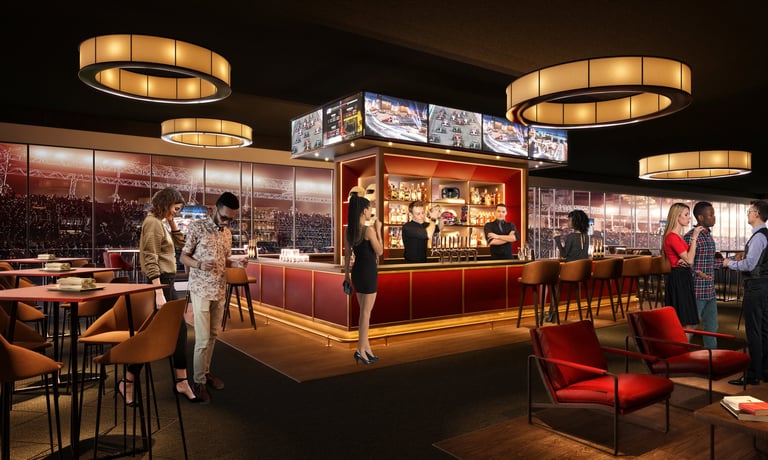 Modern restaurant interior with bar counter, dining area, red accent chairs, and overhead lighting